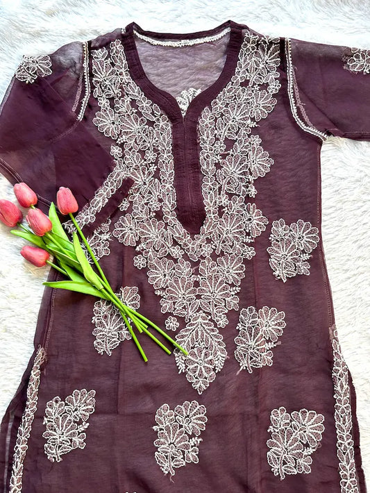 Ayena Wine Georgette Chikankari Kurti