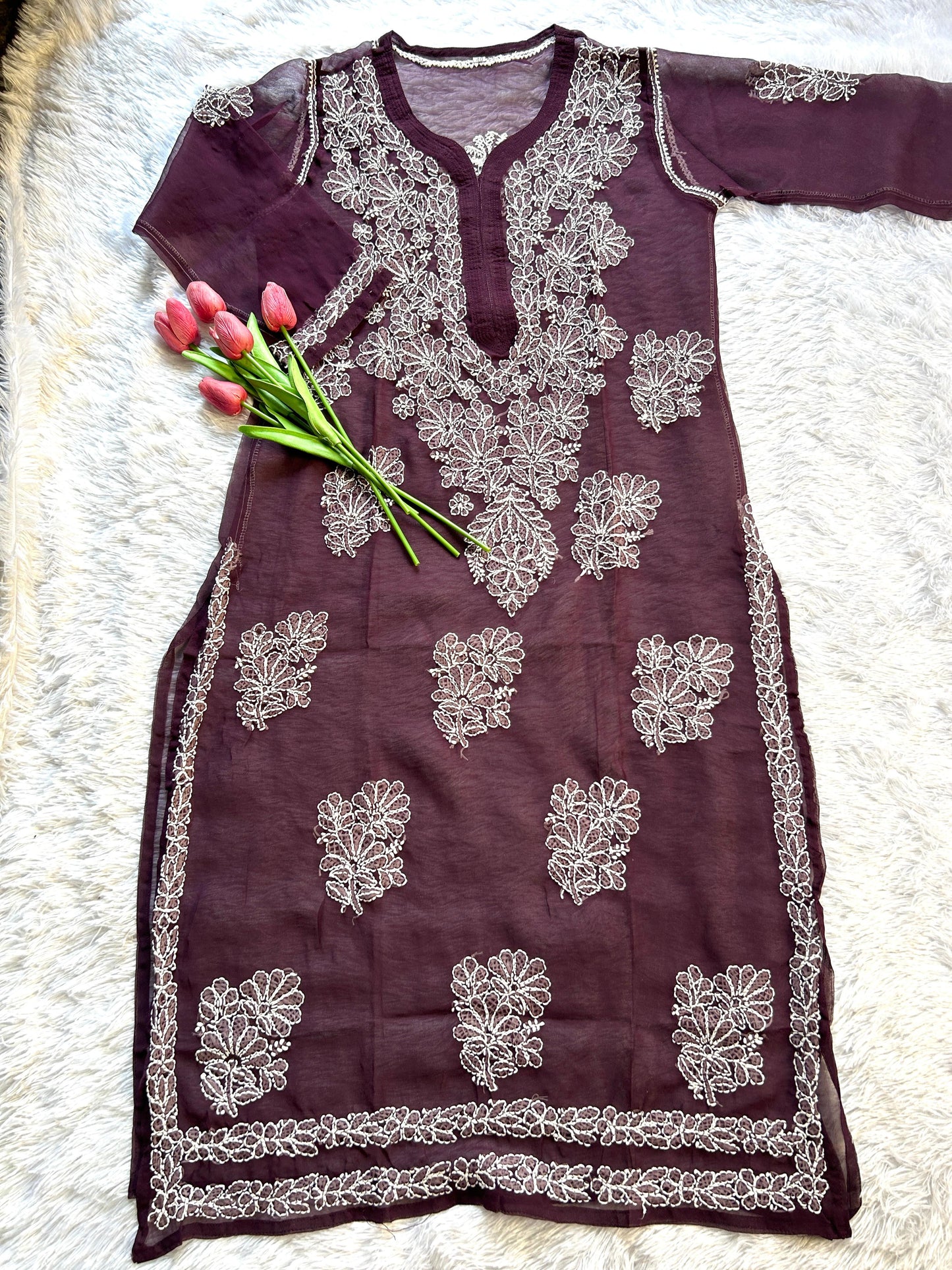 Ayena Wine Georgette Chikankari Kurti