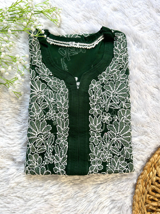 Ayena Bottle Green Georgette Chikankari Kurti