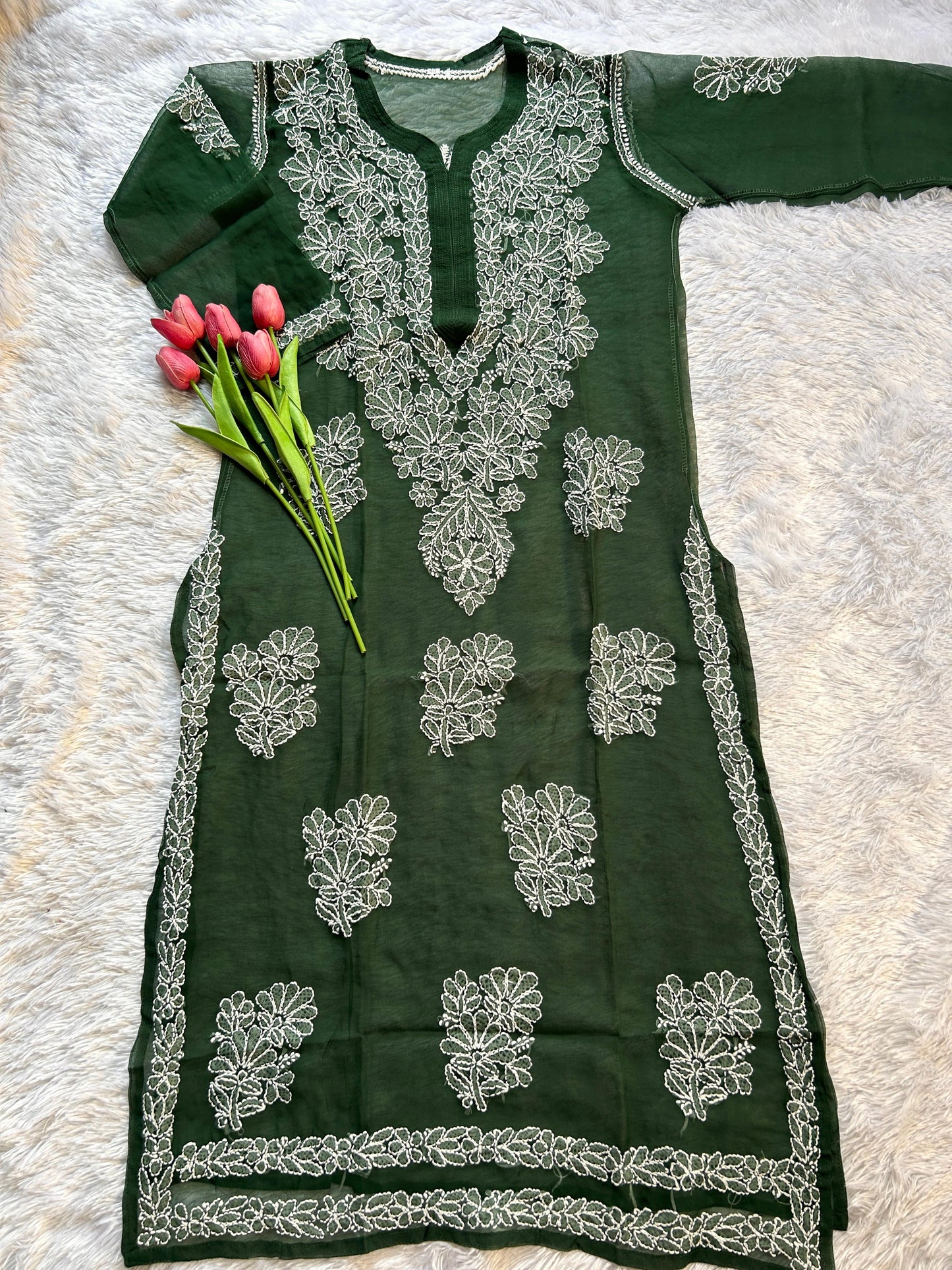 Ayena Bottle Green Georgette Chikankari Kurti