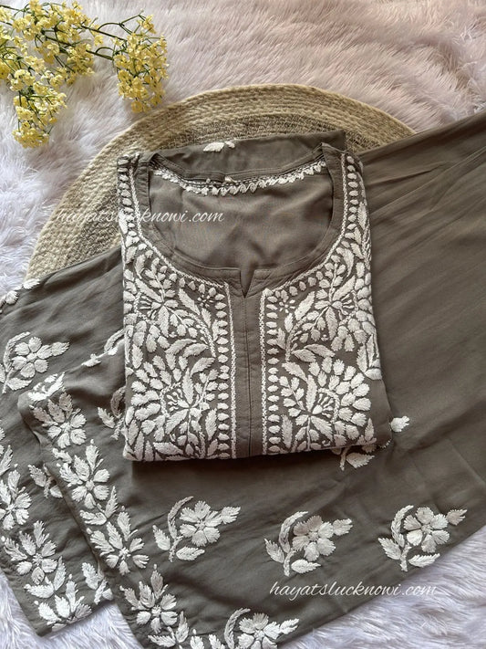 gray chikankari kurta plazo rayon set for festive wear