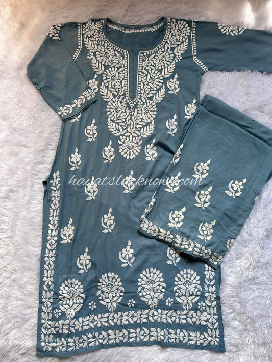 Khushi Dusty Teal Chikankari Rayon Set