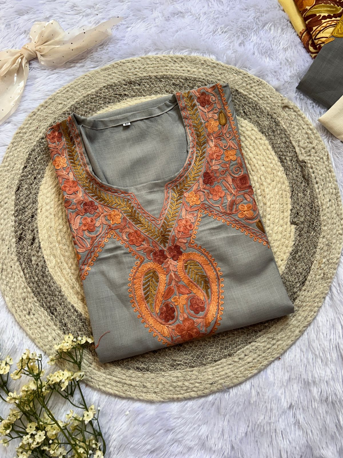 gray aari work kashmiri kurta can be pair with jeans