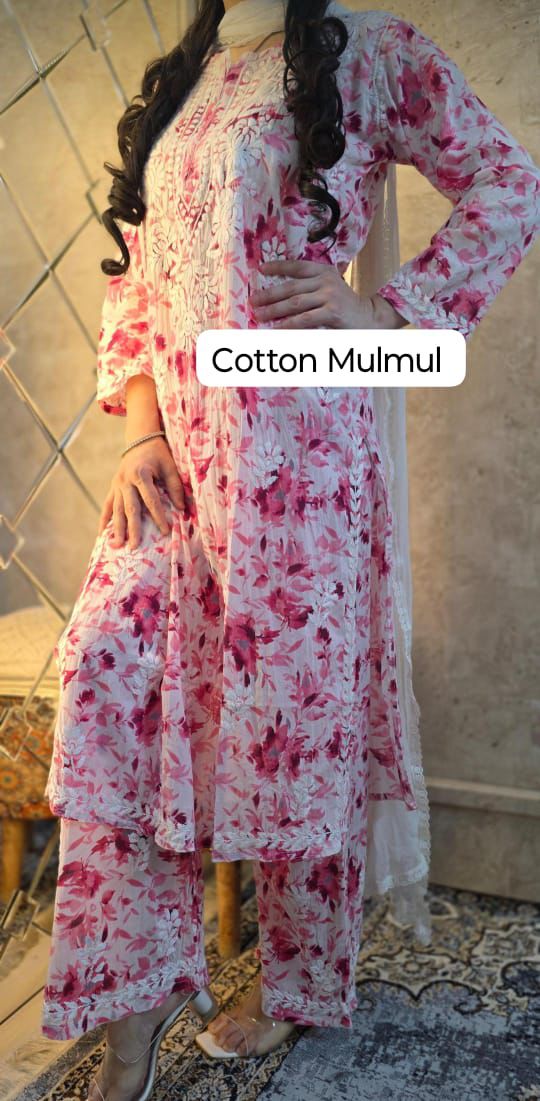 Farheen Pink Chikankari Printed Mul Mul Set
