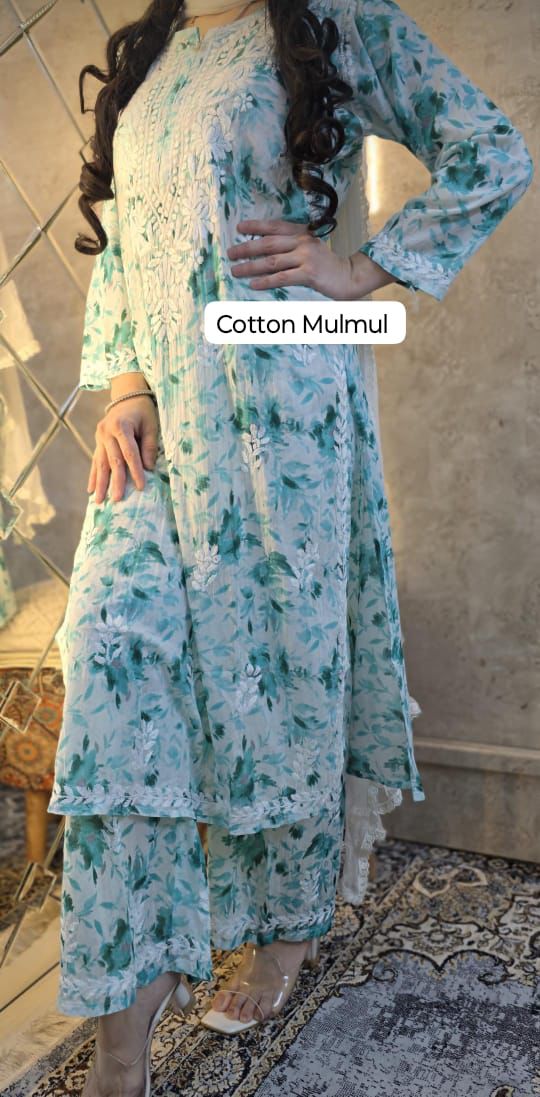 Farheen Aqua Green Chikankari Printed Mul Mul Set