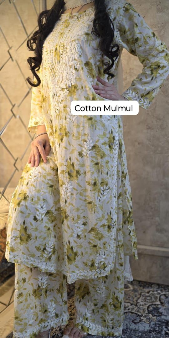 Farheen Green Chikankari Printed Mul Mul Set