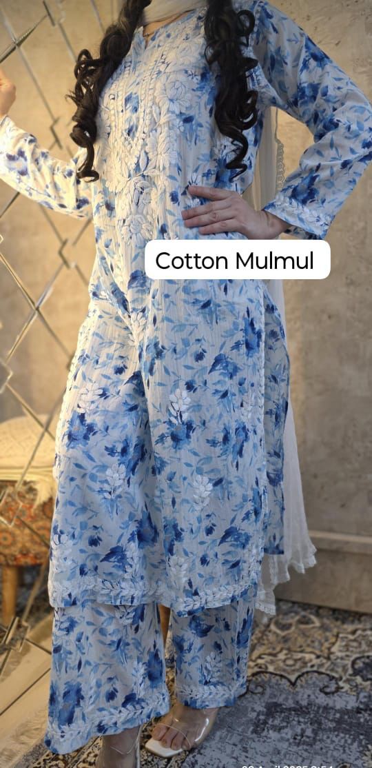 Farheen Blue Chikankari Printed Mul Mul Set