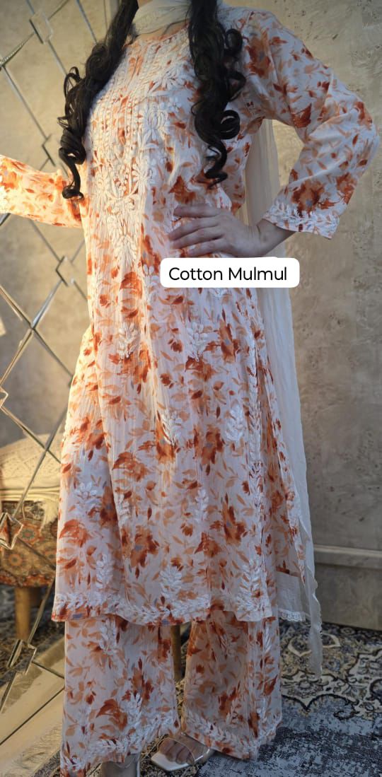 Farheen Peach Chikankari Printed Mul Mul Set