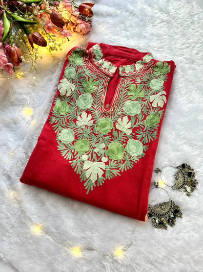 Peach Kashmiri Woolen Long Kurta