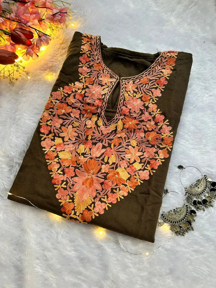 Brown Kashmiri Woolen Long Kurta