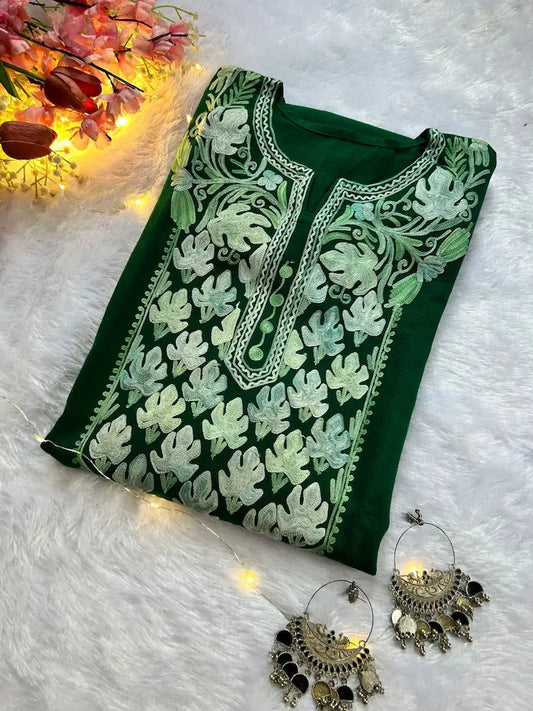 Bottle Green Kashmiri Woolen Long Kurta