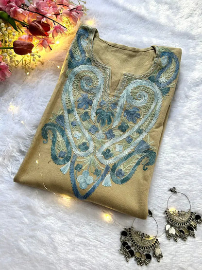 Beige Kashmiri Woolen Long Kurta