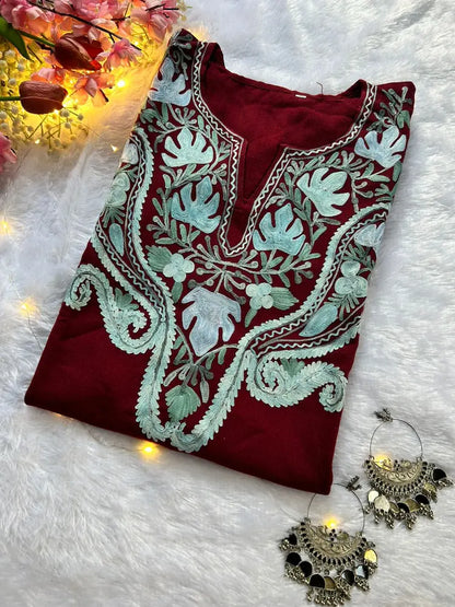 Wine Red Kashmiri Woolen Long Kurta