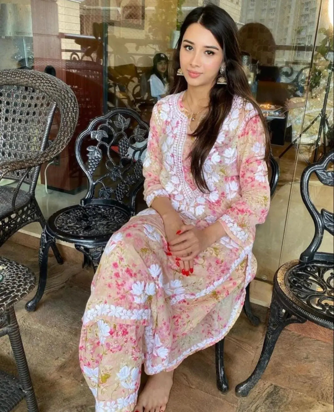 Shifa Peach printed mul mul set