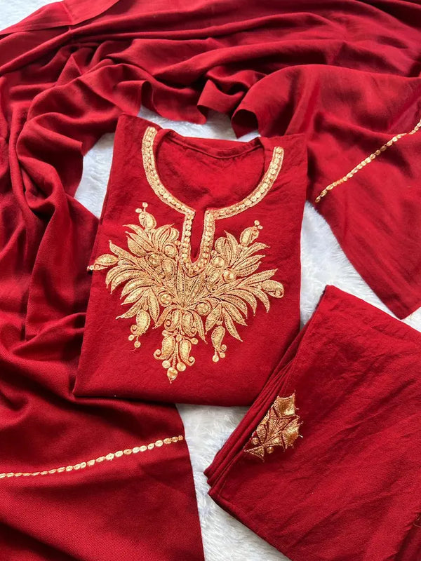Maroon Tilla Kashmiri Woolen Pheran Set with Shawl