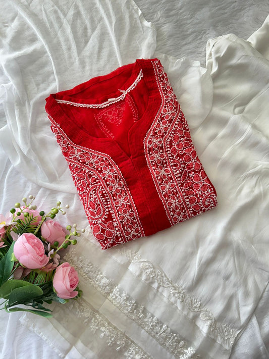 Red Georgette Chikankari Kurta Plazo Set | Lucknowi 3-Piece Suit
