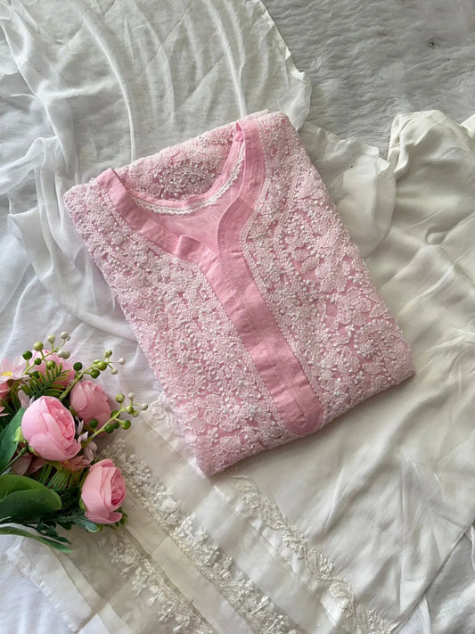 Pink Georgette Chikankari Kurta Plazo Set | Lucknowi 3-Piece Suit