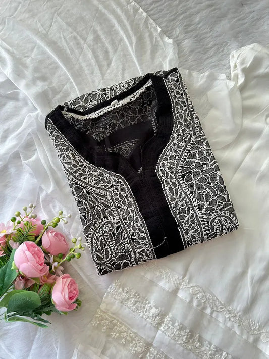 Black Georgette Chikankari Kurta Plazo Set | Lucknowi 3-Piece Suit