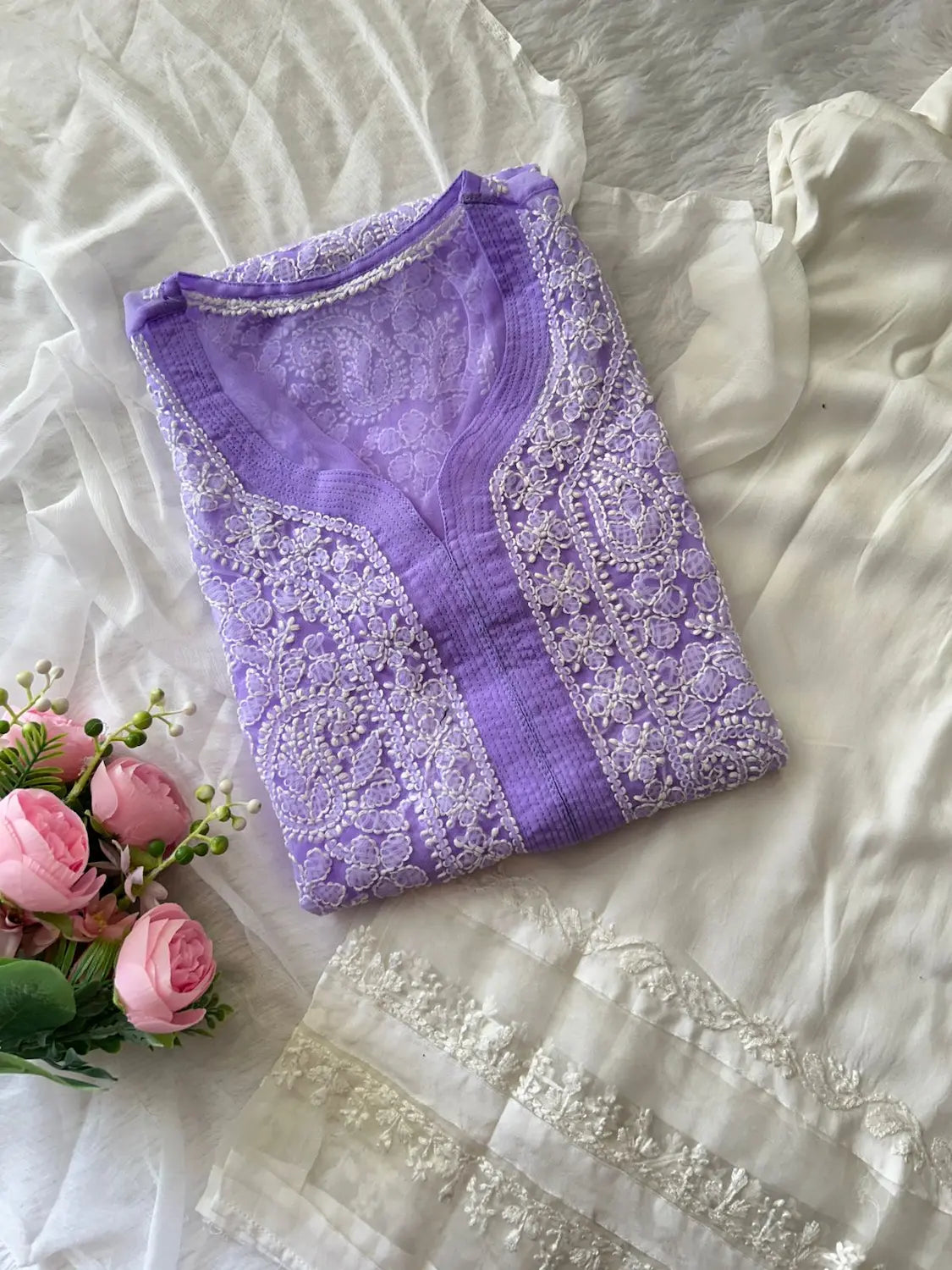 Lavender Georgette Chikankari Kurta Plazo Set | Lucknowi 3-Piece Suit