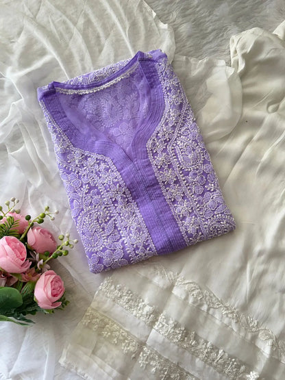 Lavender Georgette Chikankari Kurta Plazo Set | Lucknowi 3-Piece Suit
