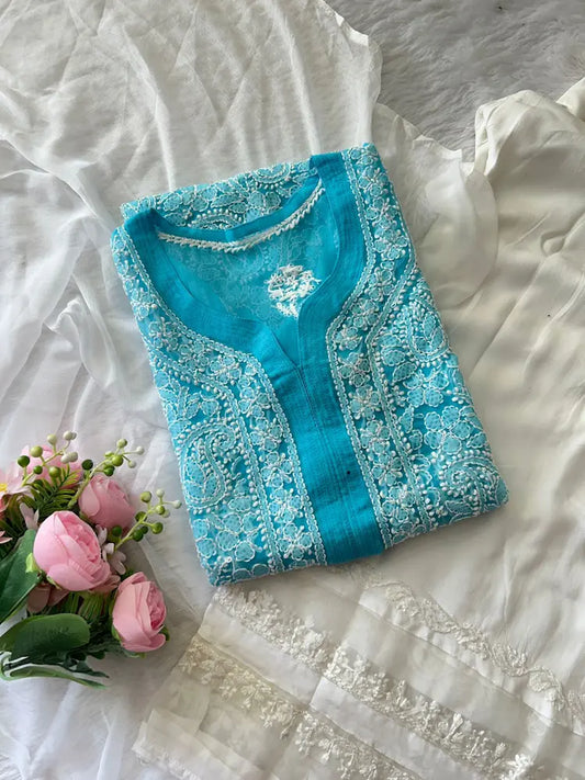 Sky Blue Georgette Chikankari Kurta Plazo Set | Lucknowi 3-Piece Suit