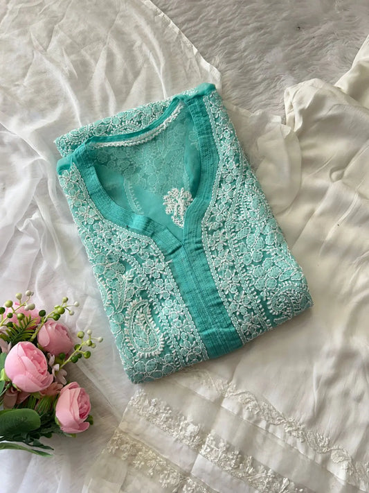 Sea Green Georgette Chikankari Kurta Plazo Set | Lucknowi 3-Piece Suit