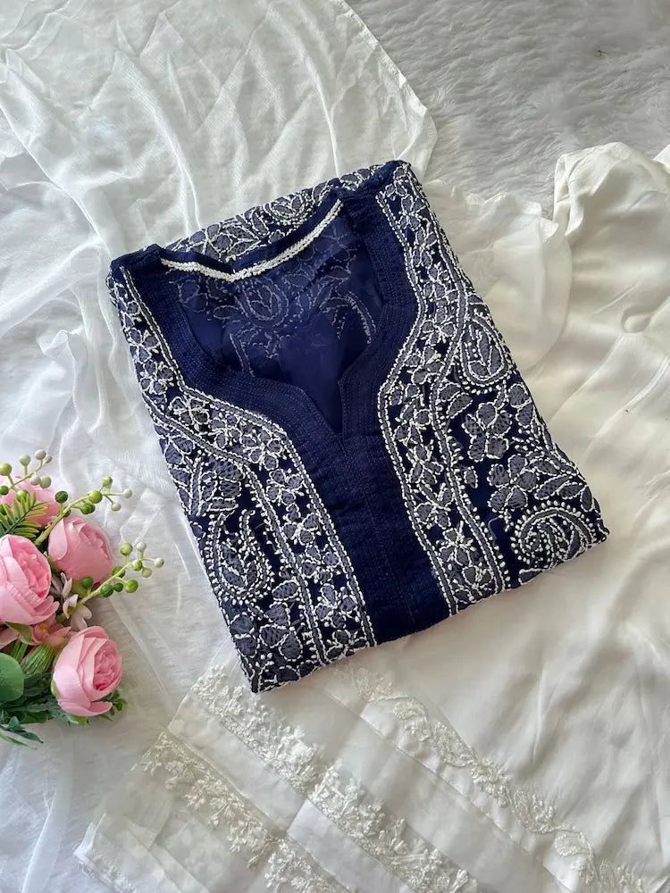Navy Georgette Chikankari Kurta Plazo Set | Lucknowi 3-Piece Suit