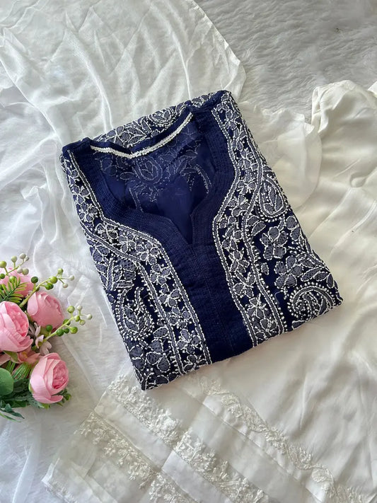 Navy Georgette Chikankari Kurta Plazo Set | Lucknowi 3-Piece Suit