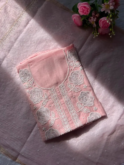 Nasreen Women's Pink MuL Chanderi Handwork Kurta and Dupatta Unstitched Suit