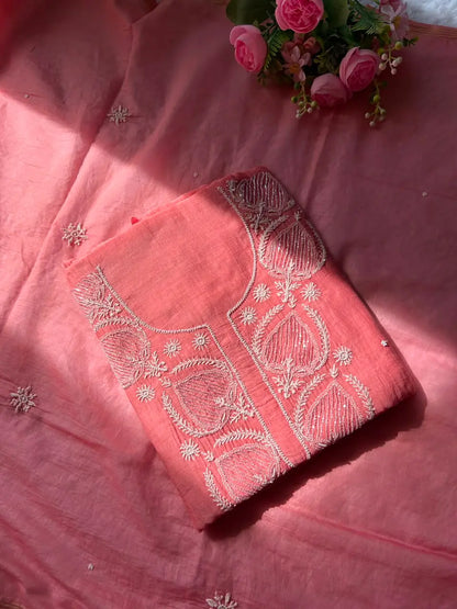 Sia Women's Peach MuL Chanderi Handwork Kurta and Dupatta Unstitched Suit