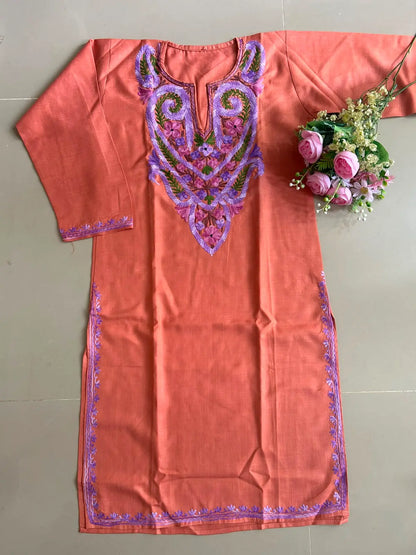 Terracotta Peach Cotton Kashmiri Kurta | Mid-Length Embroidered Kurta