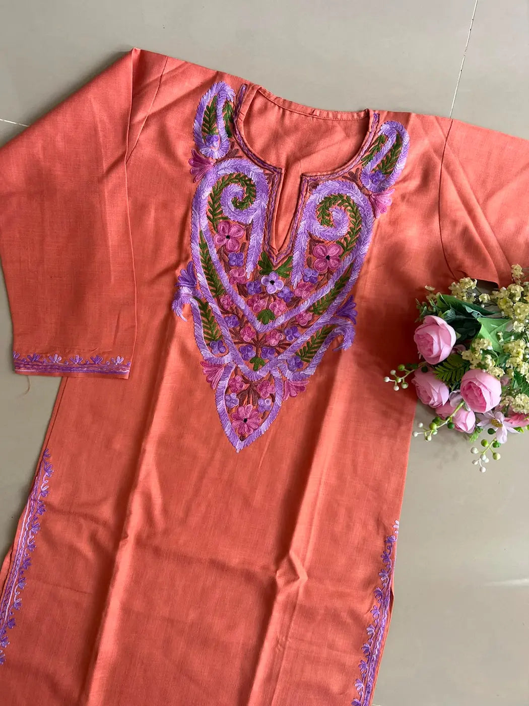 Terracotta Peach Cotton Kashmiri Kurta | Mid-Length Embroidered Kurta