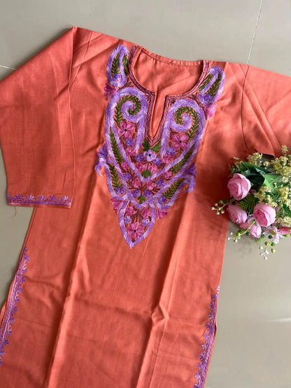Terracotta Peach Cotton Kashmiri Kurta | Mid-Length Embroidered Kurta