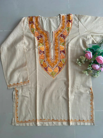 Sona Light Beige Cotton Kashmiri Kurti | Short Embroidered Kurta