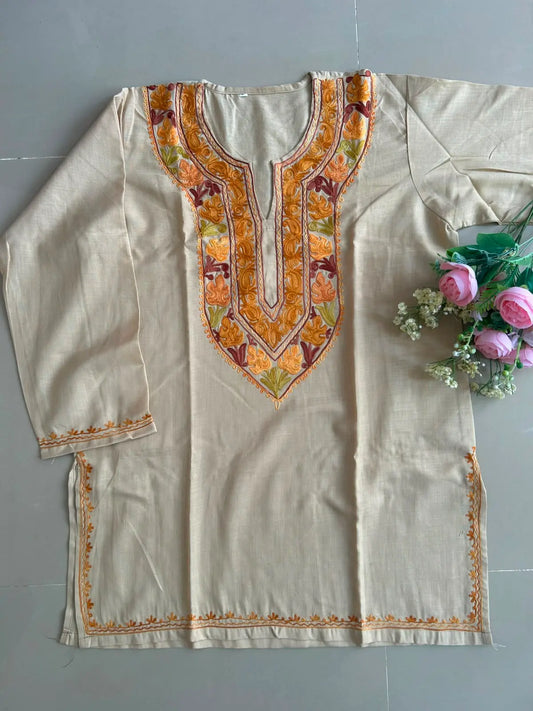 Sona Light Beige Cotton Kashmiri Kurti | Short Embroidered Kurta