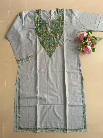 Nisha Gray Cotton Kashmiri Embroidered Long Kurta
