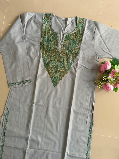 Nisha Gray Cotton Kashmiri Embroidered Long Kurta