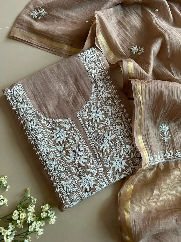 Sonal Women's Taupe Brown MuL Chanderi Handwork Kurta and Dupatta Unstitched Suit