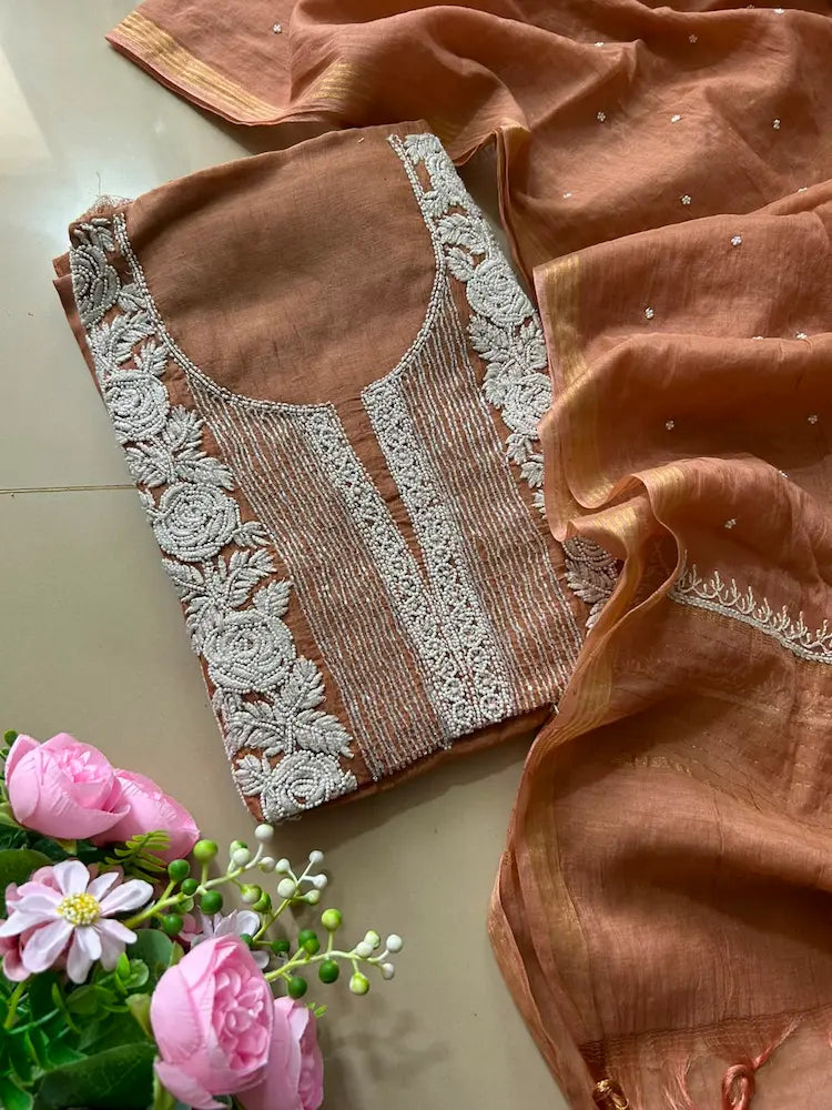 Reshmi Women's Brown MuL Chanderi Handwork Kurta and Dupatta Unstitched Suit