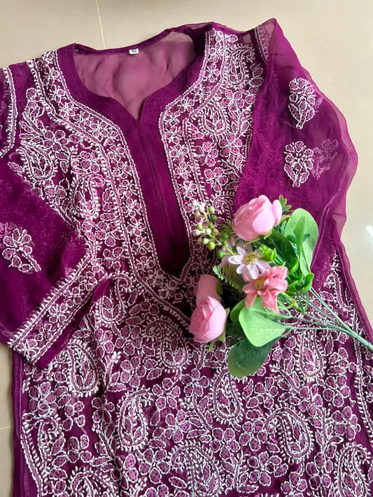 Karishma Wine Georgette Chikankari Kurti