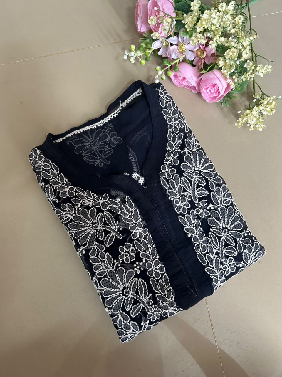 Ayena Navy Blue Georgette Chikankari Kurti