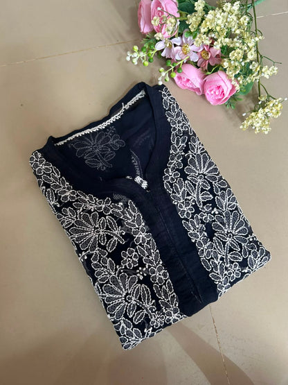 Ayena Navy Blue Georgette Chikankari Kurti