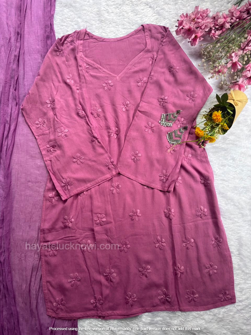 Lavender Rayon Chikankari Farshi Set