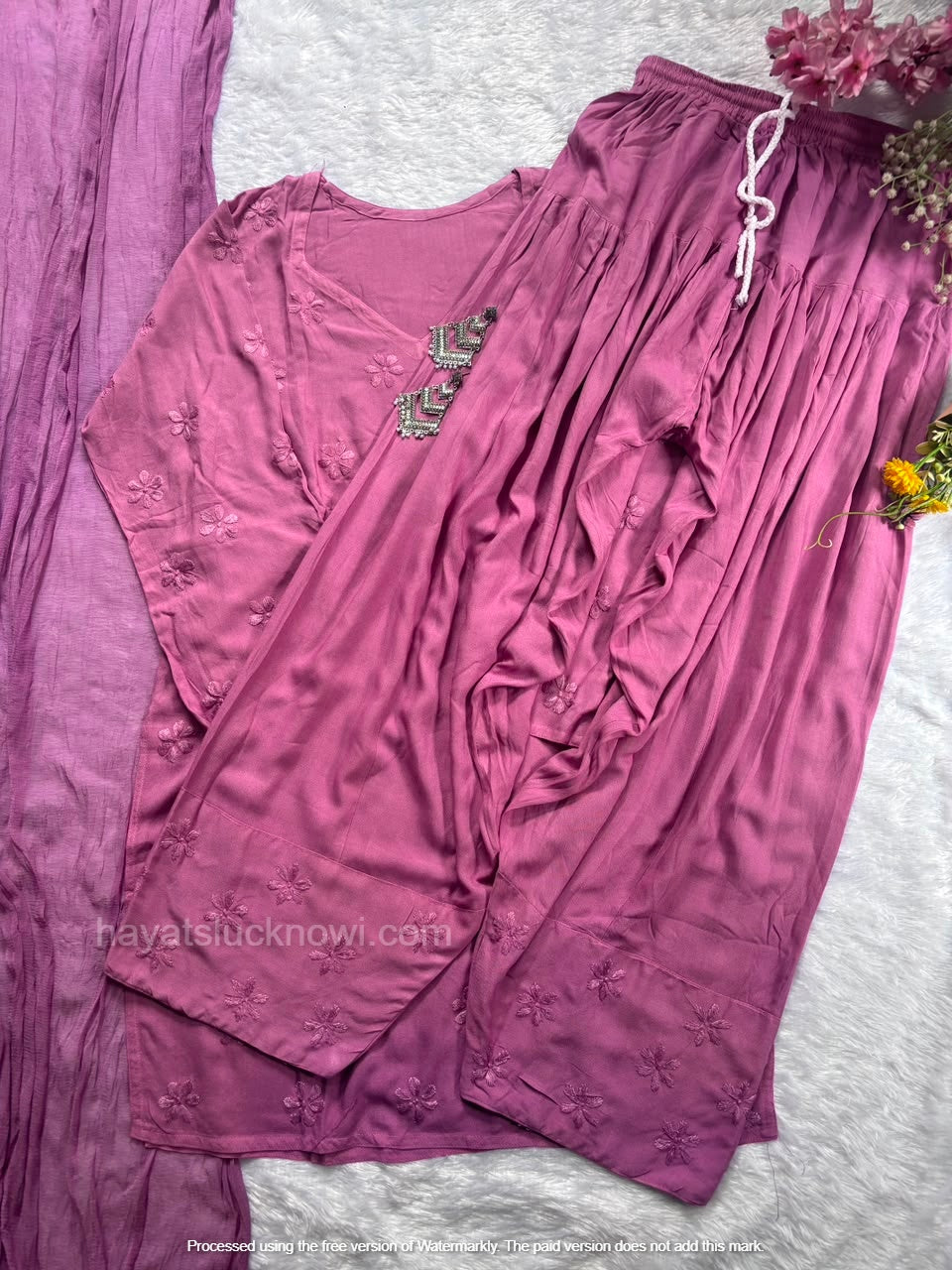 Lavender Rayon Chikankari Farshi Set