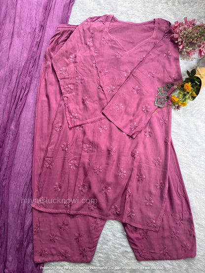 Lavender Rayon Chikankari Farshi Set