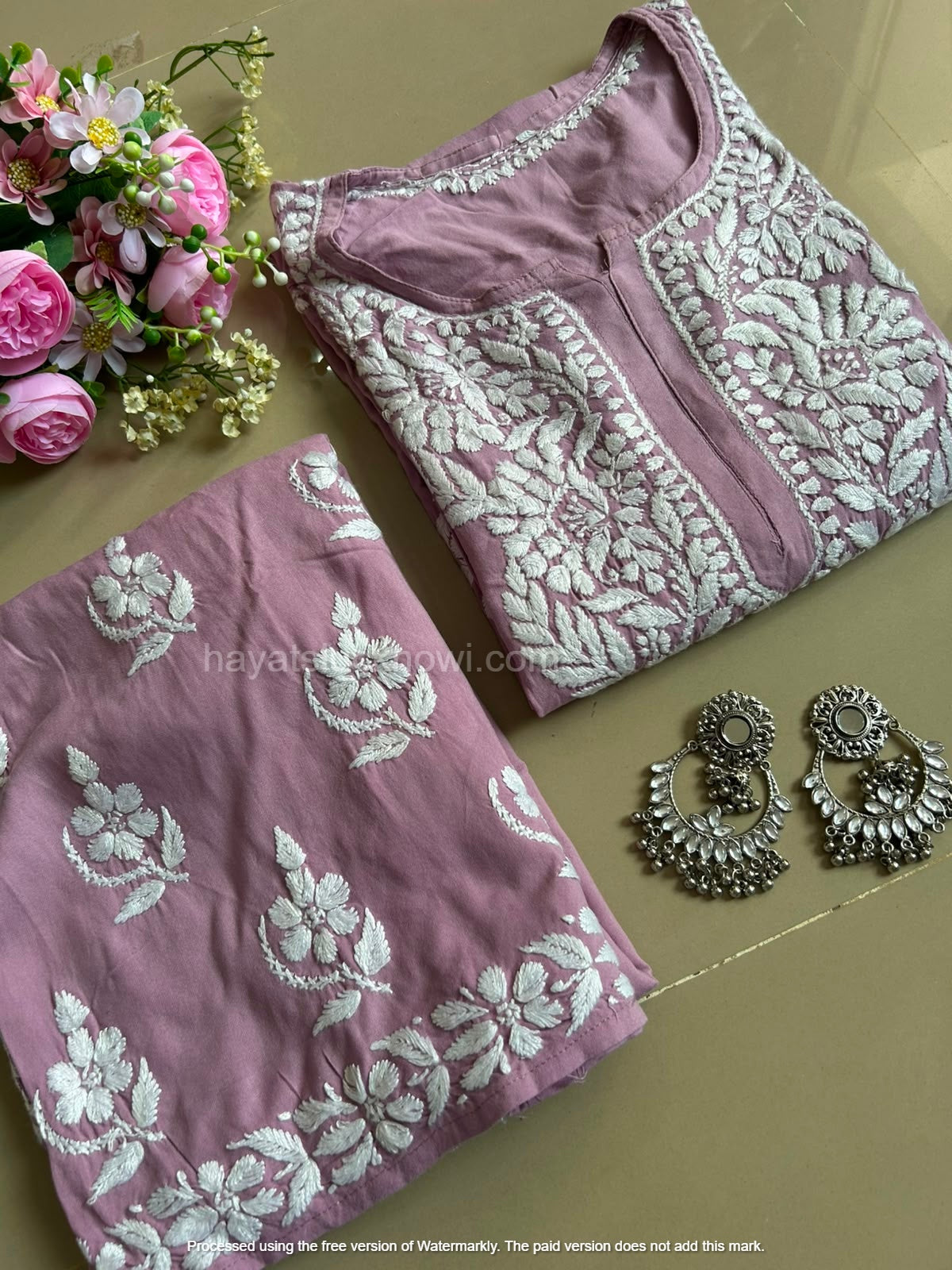 Khushi Dusty Mauve Rayon Lucknowi Chikankari Kurta Set