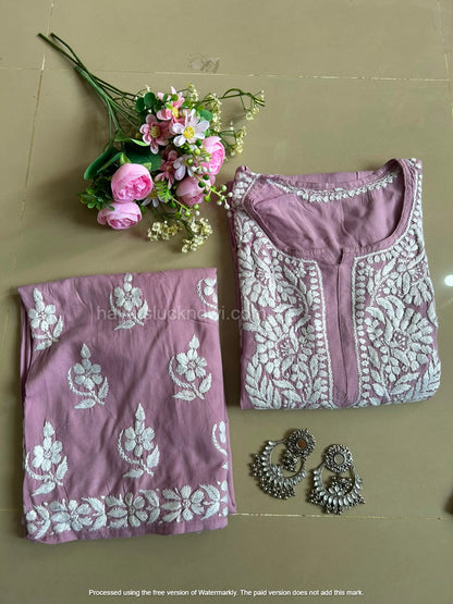 Khushi Dusty Mauve Rayon Lucknowi Chikankari Kurta Set