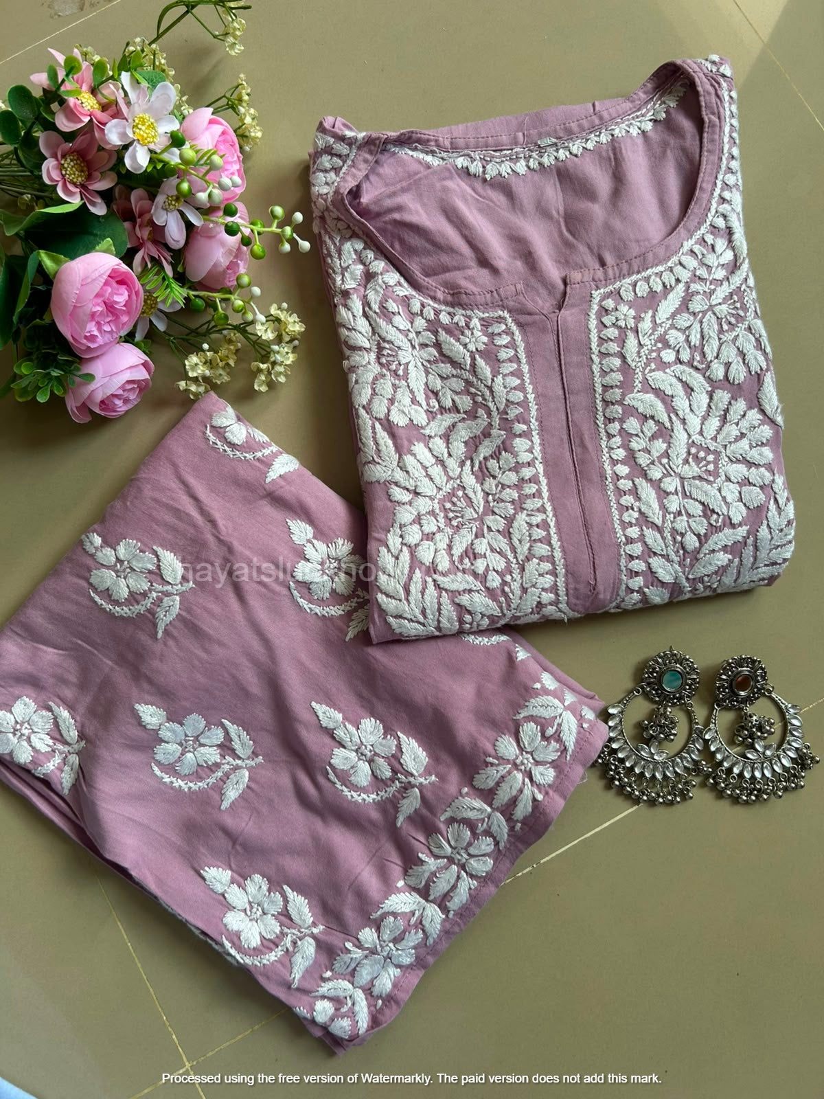 Khushi Dusty Mauve Rayon Lucknowi Chikankari Kurta Set