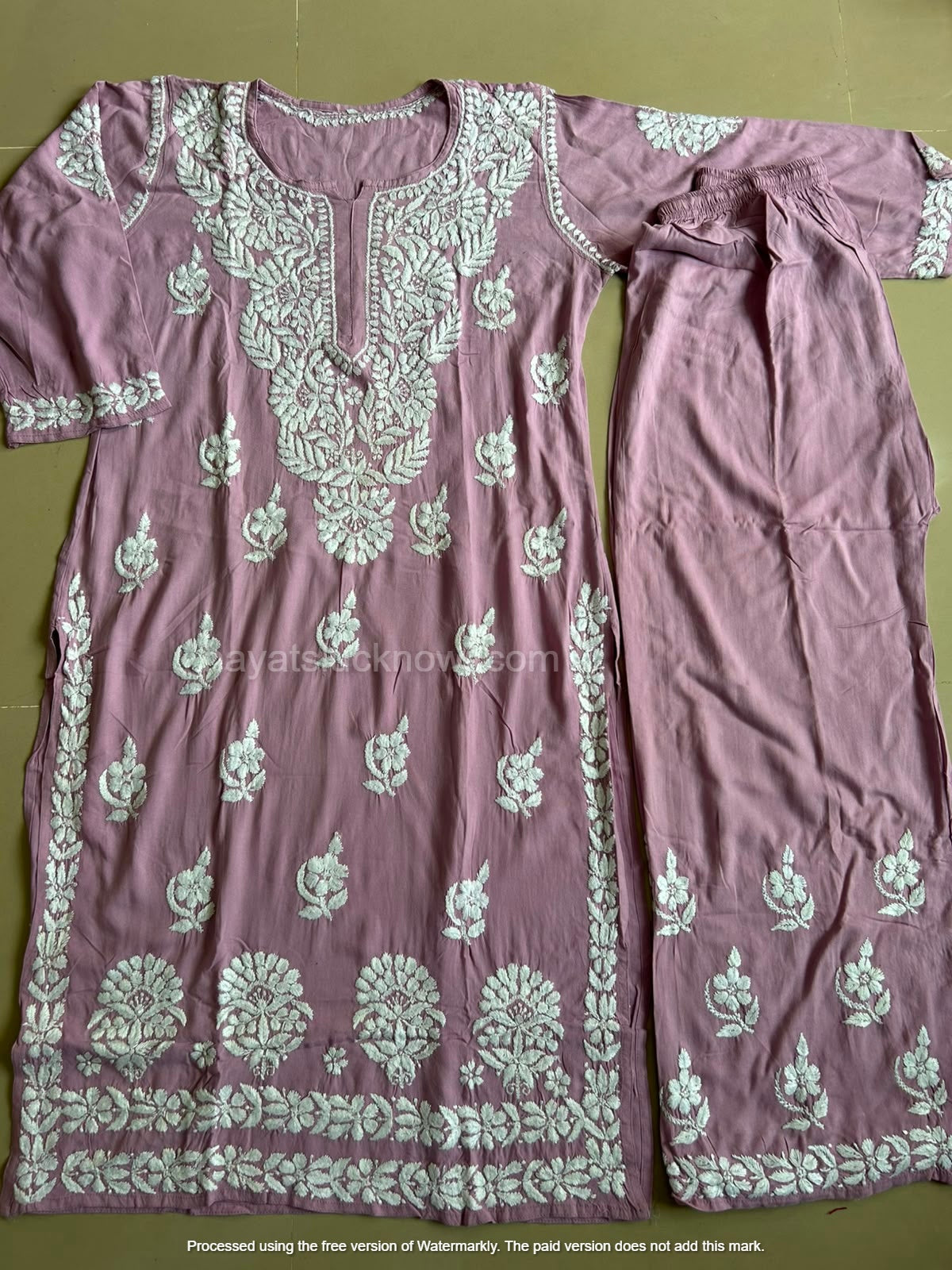 Khushi Dusty Mauve Rayon Lucknowi Chikankari Kurta Set