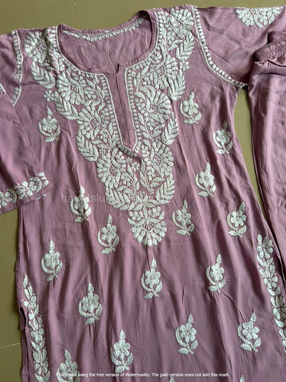 Khushi Dusty Mauve Rayon Lucknowi Chikankari Kurta Set